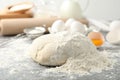 Wheat dough and products on grey table. Cooking pastries Royalty Free Stock Photo