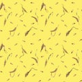 Wheat ear, barley watercolor seamless pattern on yellow background. Spikelet of rye, malt stalk hand drawn. Design