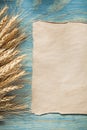 Wheat ears vintage clean paper sheet on wooden board