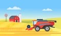 Wheat farm harvester working in village rural landscape, agriculture harvesting work Royalty Free Stock Photo