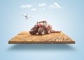 Floating Wheat Farm with tractor and drone. Farm island with soil section and tractor harvesting. smart farming.
