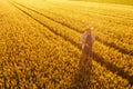 Wheat farmer with drone remote controller in field