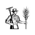 Wheat Farmer Holding a Rake and Cereal Grain Stalk Retro Woodcut Royalty Free Stock Photo