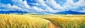 Wheat field and blue sky with clouds. Rural panoramic landscape. Digital painting. Generative AI
