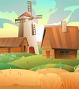 Wheat field. Farm with house and barn. Mature cereal agricultural plant vegetable garden. Farm to grow for flour. Rye or