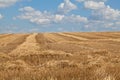 Wheat field after harvesting, golden stubble under blue sky, ukrainian flag. Ukraine Royalty Free Stock Photo