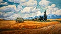 A Wheat Field with a House in the Distance, with Swirly Clouds i