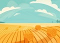 Wheat field landscape vector illustration after haymaking. Nature farm scenery with golden yellow haystack rolls. Bright