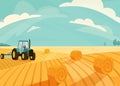 Wheat field landscape vector illustration after haymaking with tractor. Nature farm scenery with golden yellow haystack