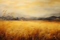 Wheat field with mountains in the background. Digital painting effect, Golden field landscape, fantasy, empty background, painting Royalty Free Stock Photo