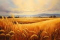 Wheat field and mountains in the background. Digital painting style, Golden field landscape, fantasy, empty background, painting, Royalty Free Stock Photo