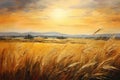 Wheat field at sunset with mountains in background. Digital painting, Golden field landscape, fantasy, empty background, painting Royalty Free Stock Photo