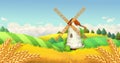 Wheat field. Windmill landscape. Vector background