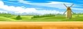 Wheat fields and grass meadows. Hills with blue sky and clouds. Windmill for flour production. Rural landscape. Countryside. Rye,