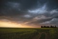 Wheat fields with a long road and beautiful sunset sky with thunderstorm clouds. Royalty Free Stock Photo