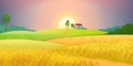 Wheat fields. Village farm landscape with green hills and sunset. Vector rural agricultural countryside with buildings Royalty Free Stock Photo