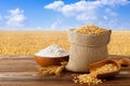 wheat flour in bowl and grains in burlap bag on table with field on the background Royalty Free Stock Photo