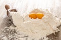 Wheat flour and eggs on bakery table ready for the preparation of dough cake or pasta