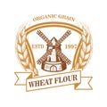 Wheat flour label template with wind mill. Design element for logo, emblem, sign, poster, t shirt. Royalty Free Stock Photo