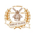 Wheat flour label template with wind mill. Design element for logo, emblem, sign, poster, t shirt. Royalty Free Stock Photo