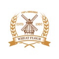 Wheat flour label template with wind mill. Design element for logo, emblem, sign, poster, t shirt. Royalty Free Stock Photo