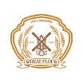 Wheat flour label template with wind mill. Design element for logo, emblem, sign, poster, t shirt. Royalty Free Stock Photo