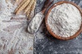 Wheat flour with scoop and wheat ears on kitchen board top view. Ingredient for baking Royalty Free Stock Photo