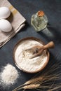 Wheat flour in a wooden bowl with a scoop on a dark blue background with eggs, oil and dry branches wheat. Organic ingredients for Royalty Free Stock Photo