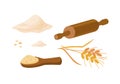 Wheat Flour in wooden scoop. Flour piles, rolling pin, spikes in cartoon style, vector illustration Royalty Free Stock Photo