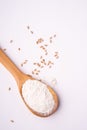 Wheat flour in wooden spoon spatula near with heap of grains, top view, flat lay, isolated on white background Royalty Free Stock Photo