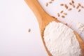 Wheat flour in wooden spoon spatula near with heap of grains, top view, flat lay, isolated on white background Royalty Free Stock Photo