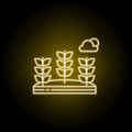 Wheat, flowers, cloud line icon in yellow neon style. Element of landscapes illustration. Signs and symbols line icon can be used