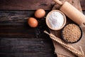 Wheat grain, flour, egg and kitchen utensil for bakery cooking Royalty Free Stock Photo