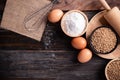 Wheat grain, flour, egg and kitchen utensil for bakery cooking Royalty Free Stock Photo