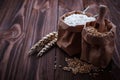 Wheat grain and flour in paper bags Royalty Free Stock Photo