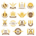 Wheat grain logo. Flour farm food for breakfast shop harvesting wheat traditional products vector badges set