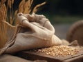 Wheat grains in burlap sack on wooden table on blurred background. Made with Generative AI