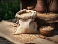 Wheat grains in burlap sack on wooden table on blurred background. Made with Generative AI