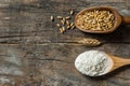 Wheat grains and wheat flour in wooden scoop or shovel with spikes or ears on rustic wooden background Royalty Free Stock Photo