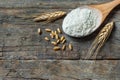 Wheat grains and wheat flour in wooden scoop or shovel with spikes or ears on rustic wooden background Royalty Free Stock Photo