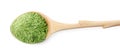 Wheat grass powder in wooden spoon on white background Royalty Free Stock Photo