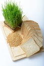 Wheat grass,whole wheat bread and wheat grains