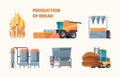 Wheat harvesting. Bread production bakery industry tasty food from grain seeds farm machines and retail markets garish