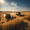 Wheat harvesting with combine harvester and tractor.generative ai Royalty Free Stock Photo