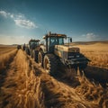 Wheat harvesting with combine harvester and tractor.generative ai Royalty Free Stock Photo