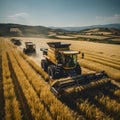 Wheat harvesting with combine harvester and tractor.generative ai Royalty Free Stock Photo