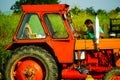 wheat harvesting in a summer day with an old tractor Royalty Free Stock Photo