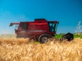 Wheat harvesting in the summer. Red harvester working in the field. Golden ripe wheat harvest agricultural machine harvester on