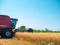 Wheat harvesting in the summer. Red harvester working in the field. Golden ripe wheat harvest agricultural machine harvester on