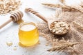 Wheat, honey and rolled oats Royalty Free Stock Photo